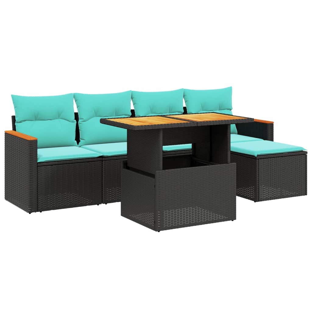 6-tlg. Garten-Sofagarnitur mit Kissen Schwarz Poly Rattan