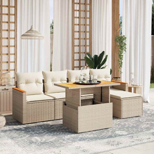 6-tlg. Garten-Sofagarnitur mit Kissen Schwarz Poly Rattan