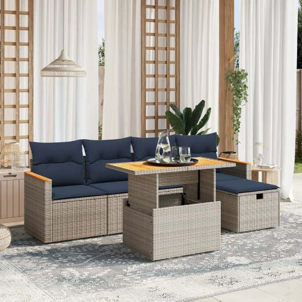 6-tlg. Garten-Sofagarnitur mit Kissen Schwarz Poly Rattan