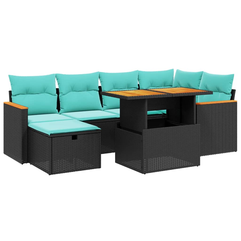 7-tlg. Garten-Sofagarnitur mit Kissen Schwarz Poly Rattan