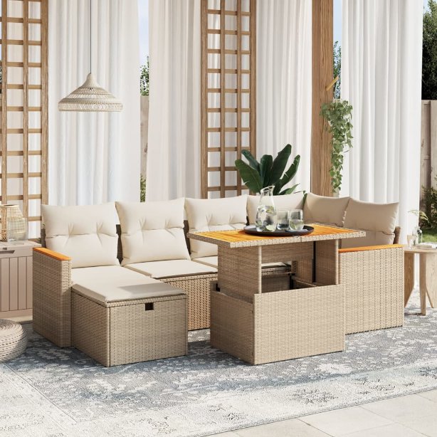 7-tlg. Garten-Sofagarnitur mit Kissen Schwarz Poly Rattan