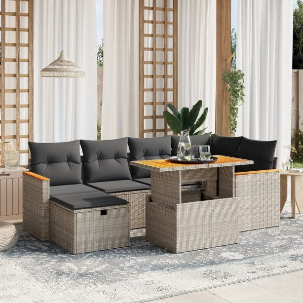 7-tlg. Garten-Sofagarnitur mit Kissen Schwarz Poly Rattan