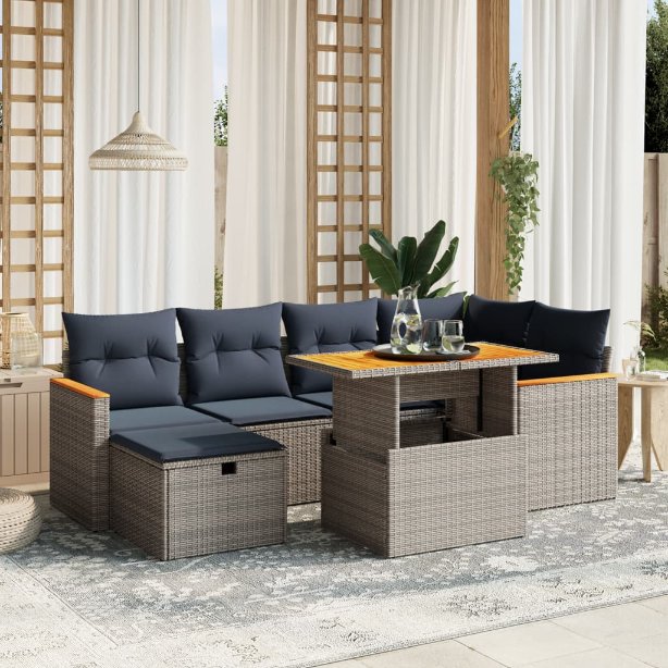 7-tlg. Garten-Sofagarnitur mit Kissen Schwarz Poly Rattan
