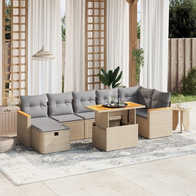 8-tlg. Garten-Sofagarnitur mit Kissen Schwarz Poly Rattan