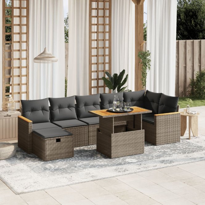 8-tlg. Garten-Sofagarnitur mit Kissen Schwarz Poly Rattan