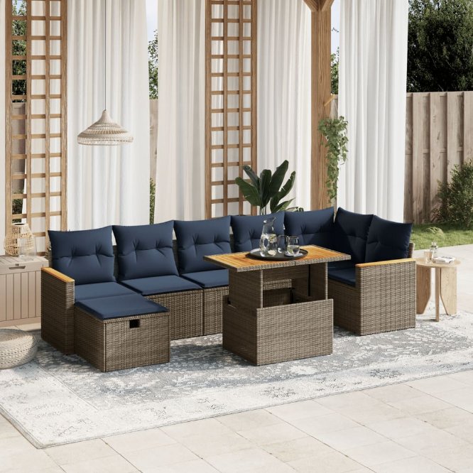 8-tlg. Garten-Sofagarnitur mit Kissen Schwarz Poly Rattan