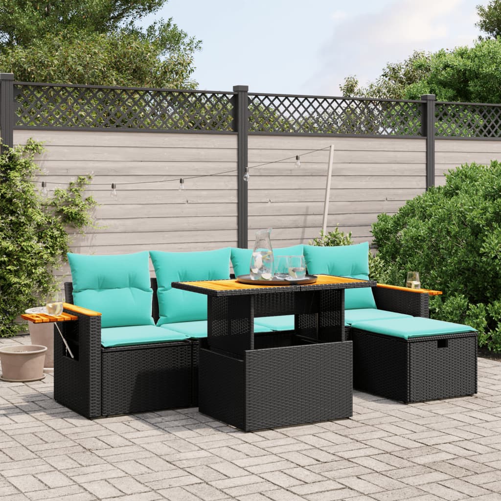 6-tlg. Garten-Sofagarnitur mit Kissen Schwarz Poly Rattan