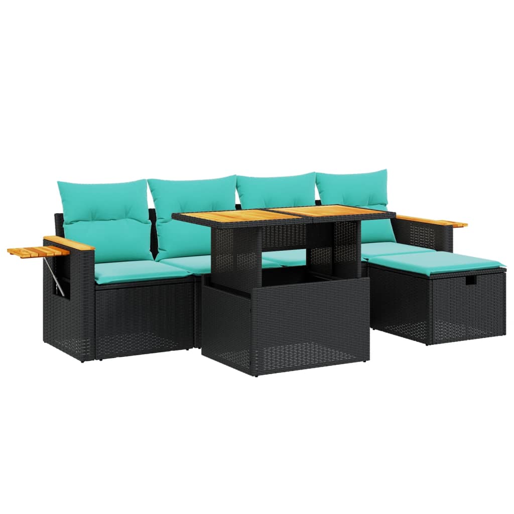 6-tlg. Garten-Sofagarnitur mit Kissen Schwarz Poly Rattan
