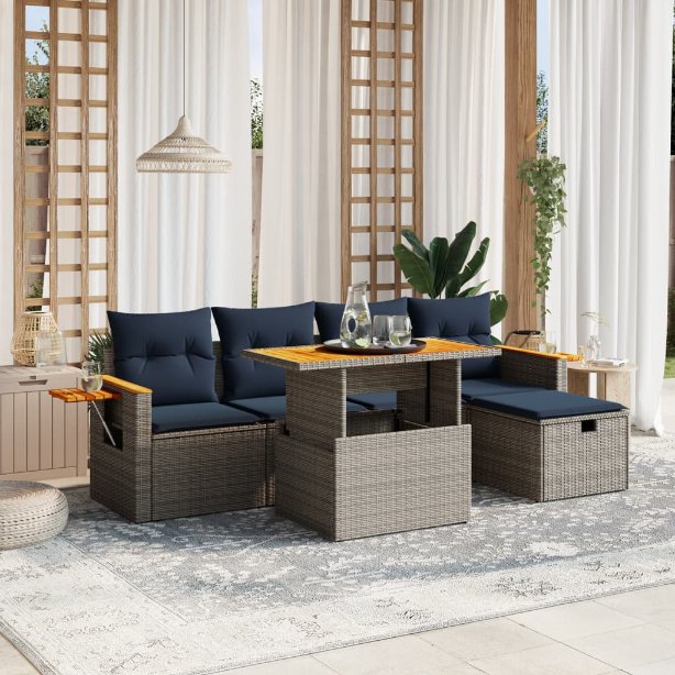6-tlg. Garten-Sofagarnitur mit Kissen Schwarz Poly Rattan