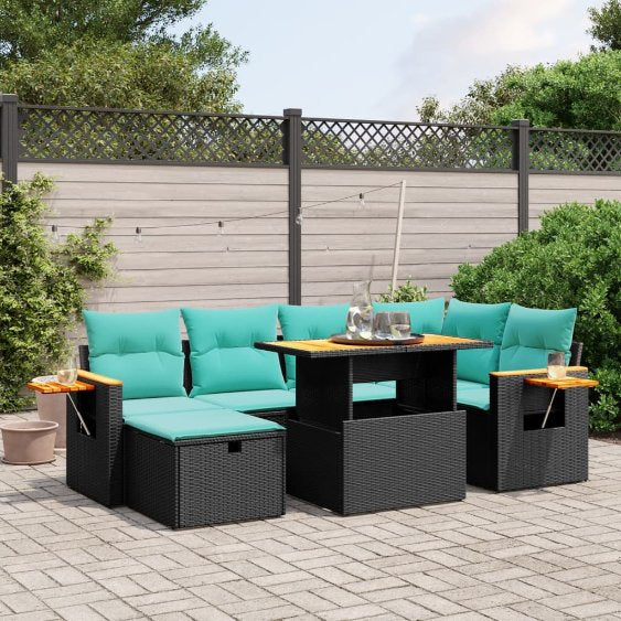 7-tlg. Garten-Sofagarnitur mit Kissen Schwarz Poly Rattan