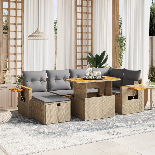 7-tlg. Garten-Sofagarnitur mit Kissen Schwarz Poly Rattan