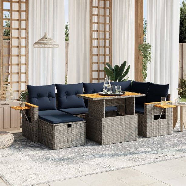 7-tlg. Garten-Sofagarnitur mit Kissen Schwarz Poly Rattan