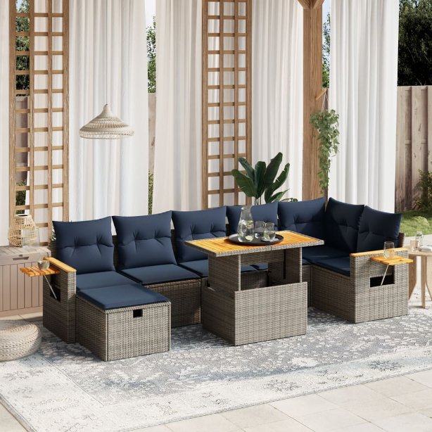 8-tlg. Garten-Sofagarnitur mit Kissen Schwarz Poly Rattan