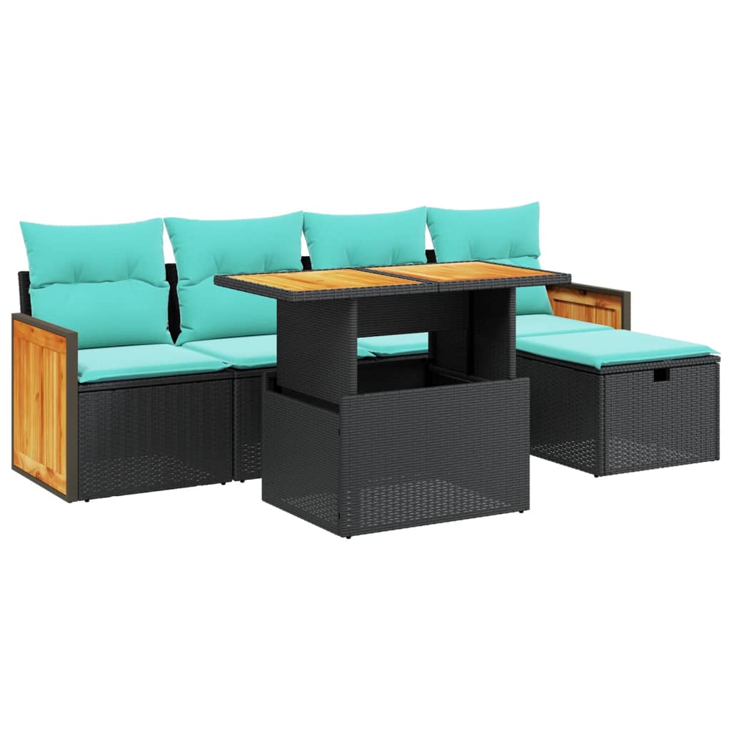 6-tlg. Garten-Sofagarnitur mit Kissen Schwarz Poly Rattan