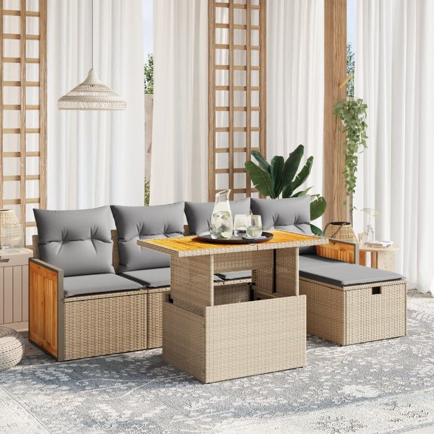 6-tlg. Garten-Sofagarnitur mit Kissen Schwarz Poly Rattan