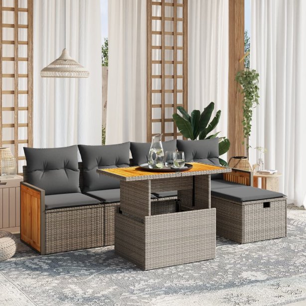 6-tlg. Garten-Sofagarnitur mit Kissen Schwarz Poly Rattan