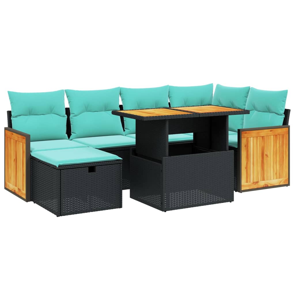 7-tlg. Garten-Sofagarnitur mit Kissen Schwarz Poly Rattan