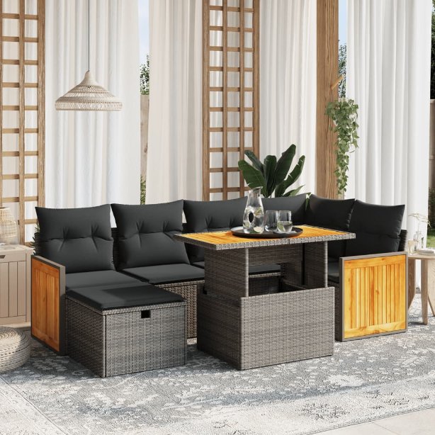 7-tlg. Garten-Sofagarnitur mit Kissen Schwarz Poly Rattan