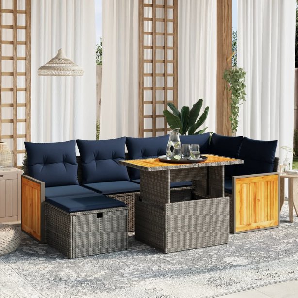 7-tlg. Garten-Sofagarnitur mit Kissen Schwarz Poly Rattan
