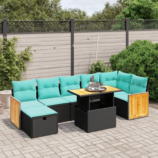 8-tlg. Garten-Sofagarnitur mit Kissen Schwarz Poly Rattan