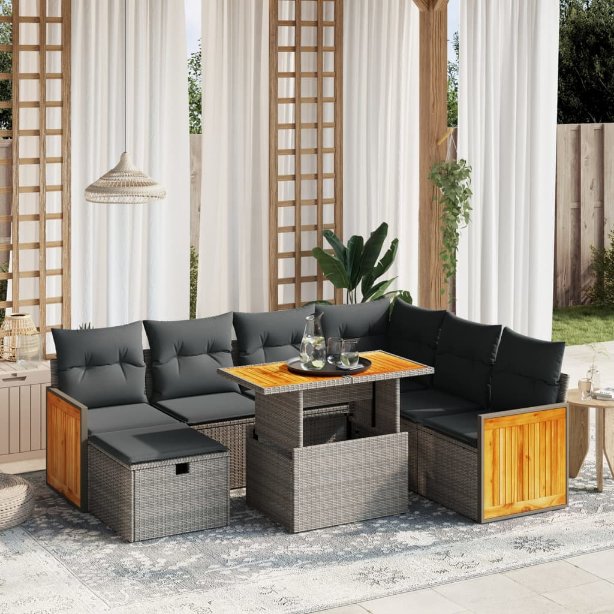 8-tlg. Garten-Sofagarnitur mit Kissen Schwarz Poly Rattan