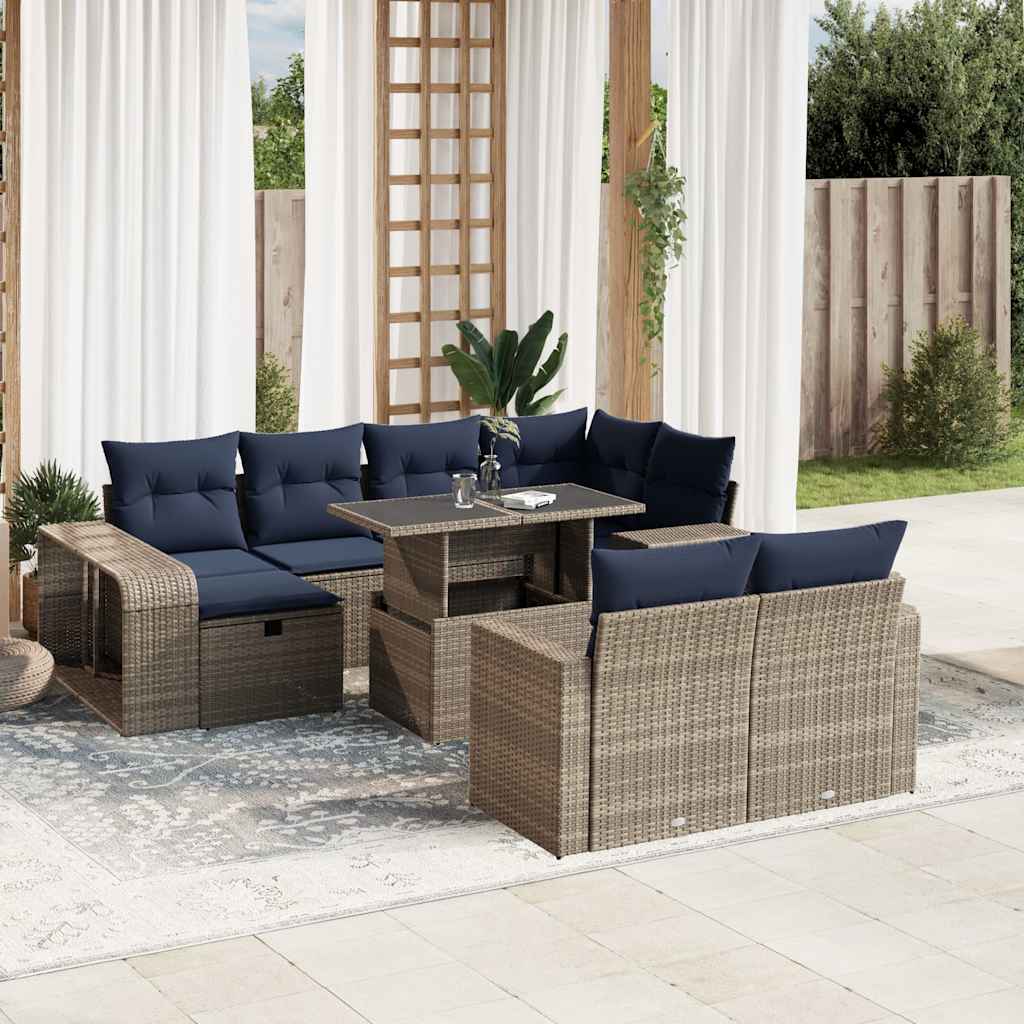 vidaXL 11-teiliges Gartensofa-Set mit Kissen, schwarzes Polyrattan