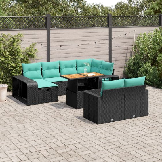 vidaXL 11-teiliges Gartensofa-Set mit Kissen, schwarzes Polyrattan