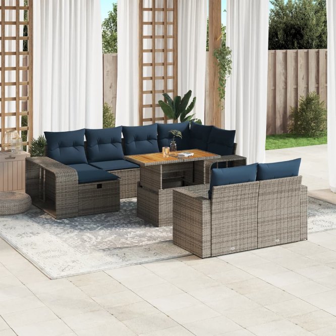 vidaXL 11-teiliges Gartensofa-Set mit Kissen, schwarzes Polyrattan