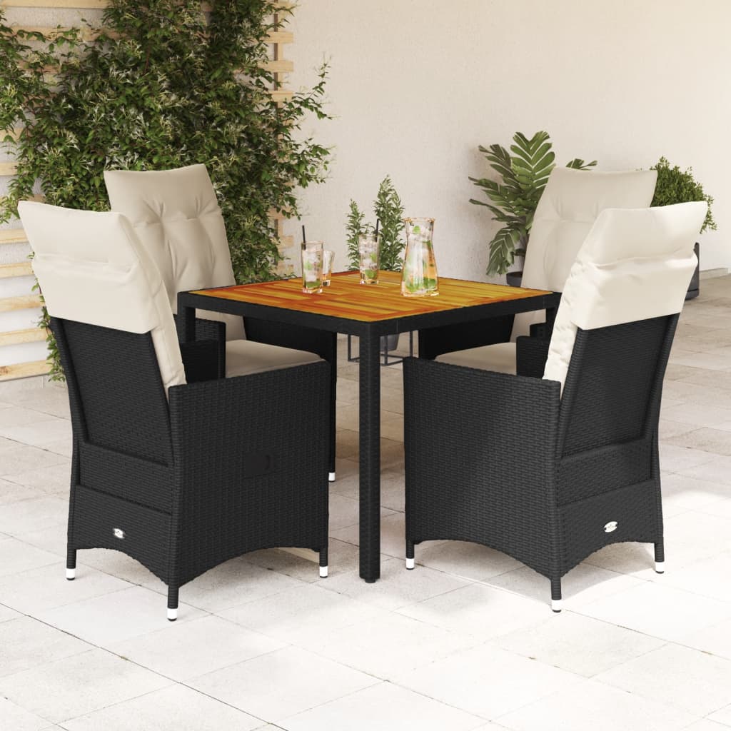 3-tlg. Bistro-Set mit Kissen Schwarz Poly Rattan und Akazie