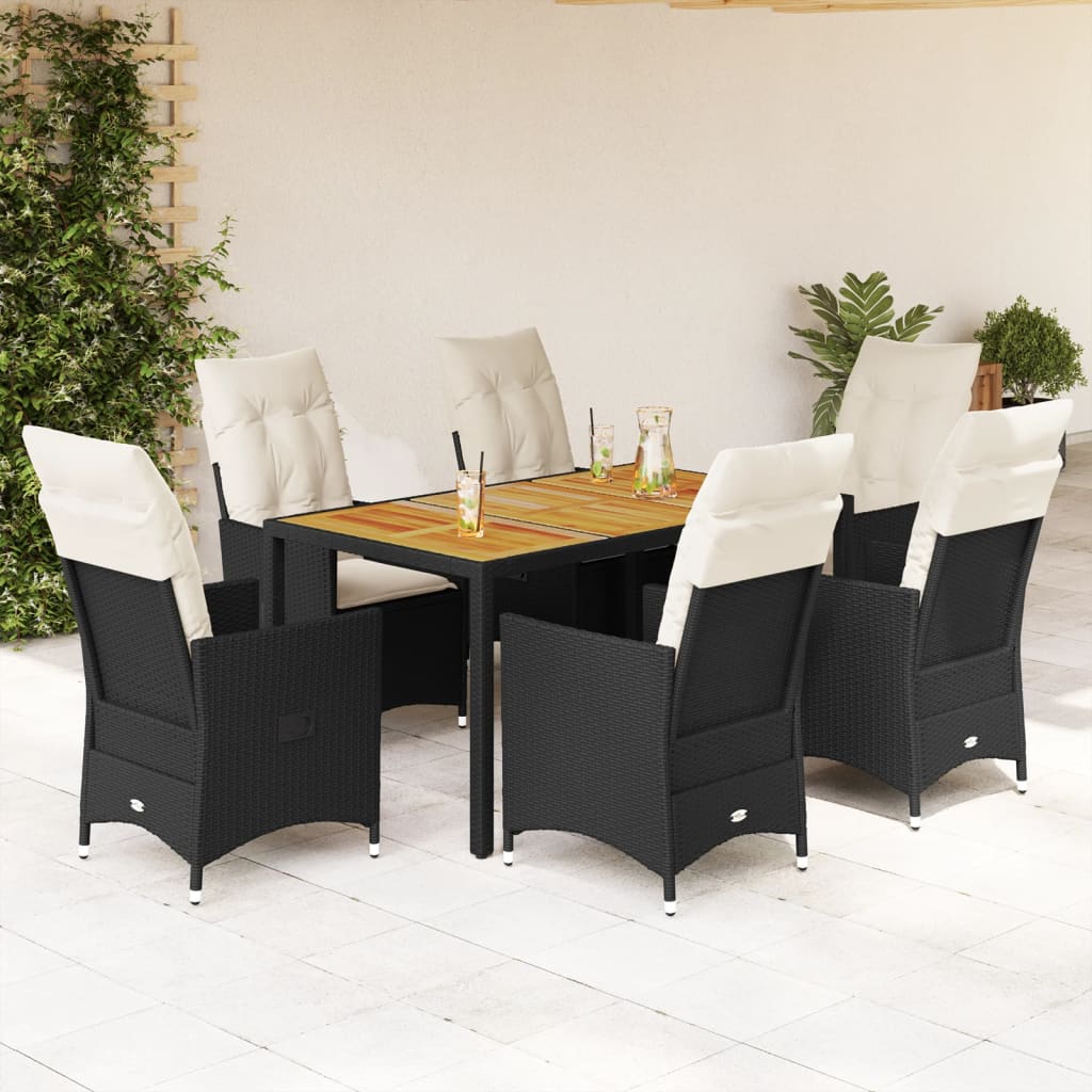 3-tlg. Bistro-Set mit Kissen Schwarz Poly Rattan und Akazie