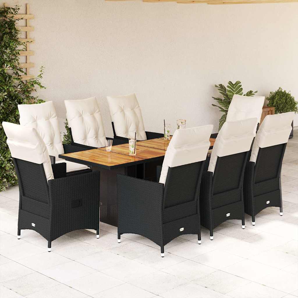 3-tlg. Bistro-Set mit Kissen Schwarz Poly Rattan und Akazie