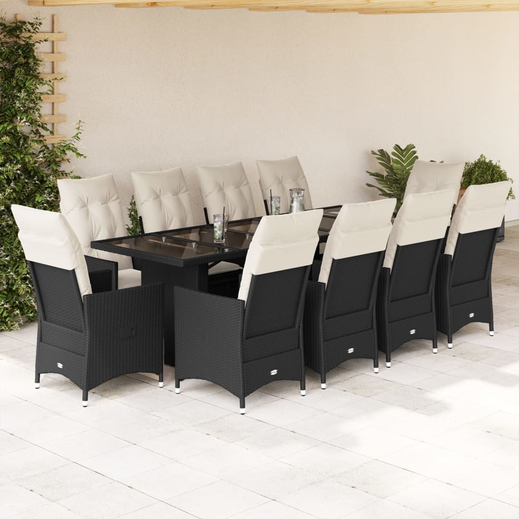 9-tlg. Garten-Bistro-Set mit Kissen Schwarz Poly Rattan
