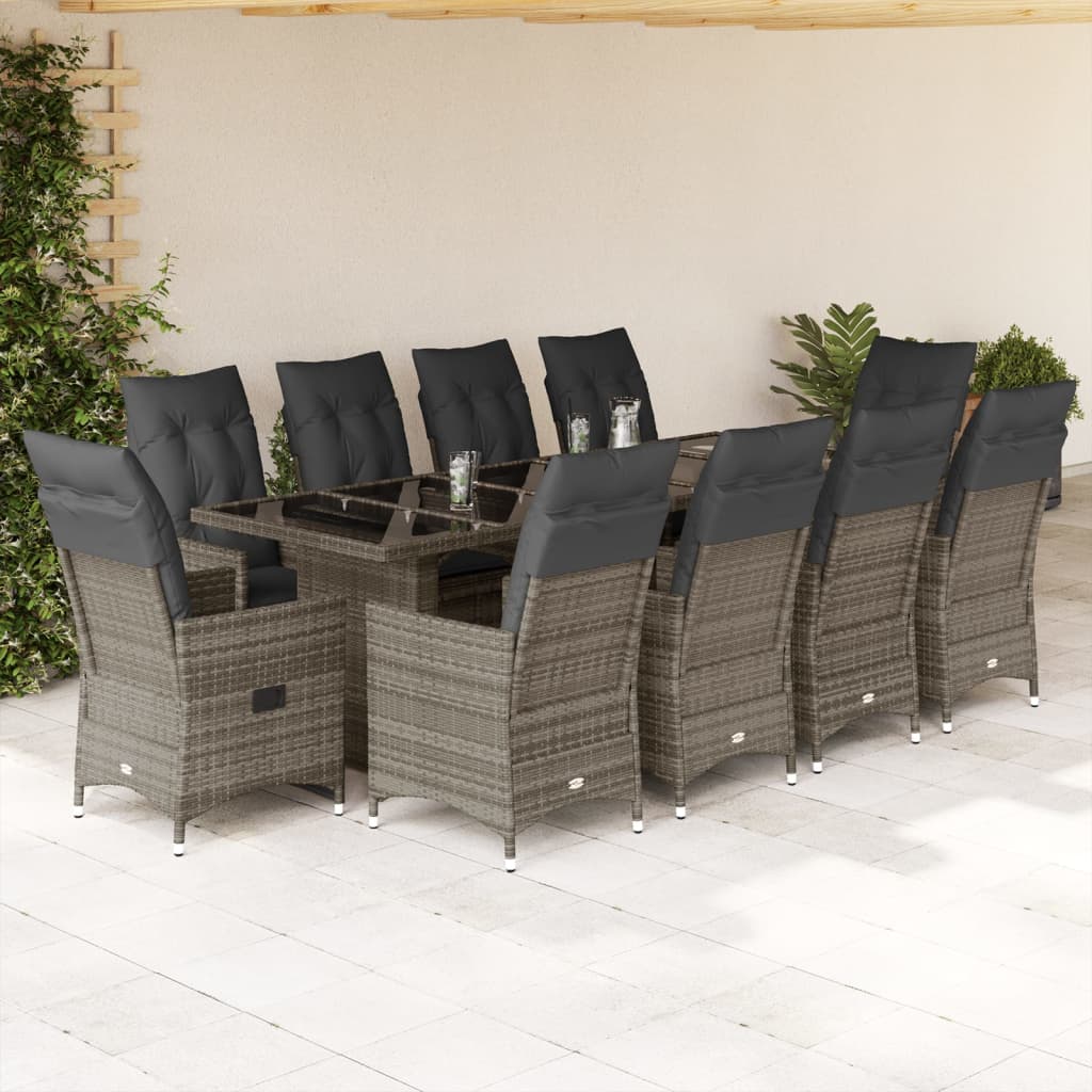9-tlg. Garten-Bistro-Set mit Kissen Grau Poly Rattan