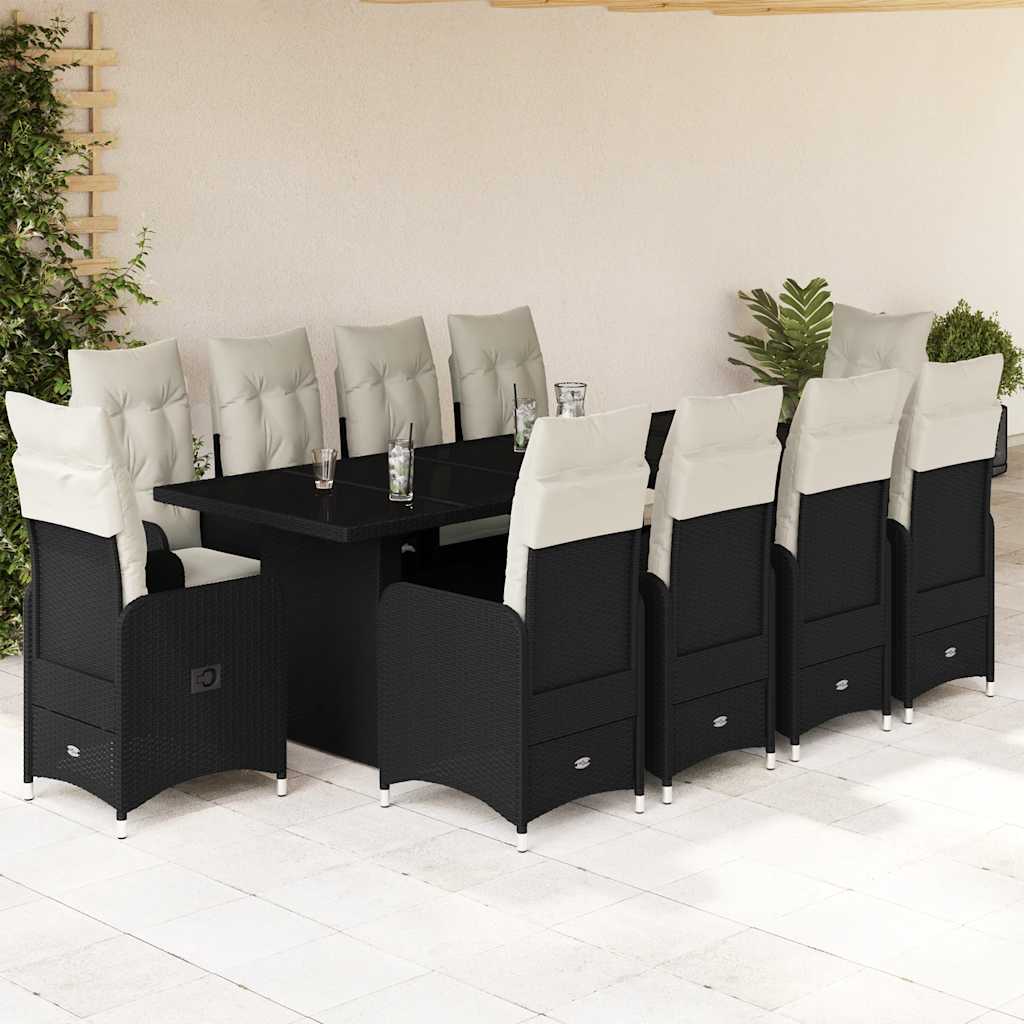 9-tlg. Garten-Bistro-Set mit Kissen Schwarz Poly Rattan