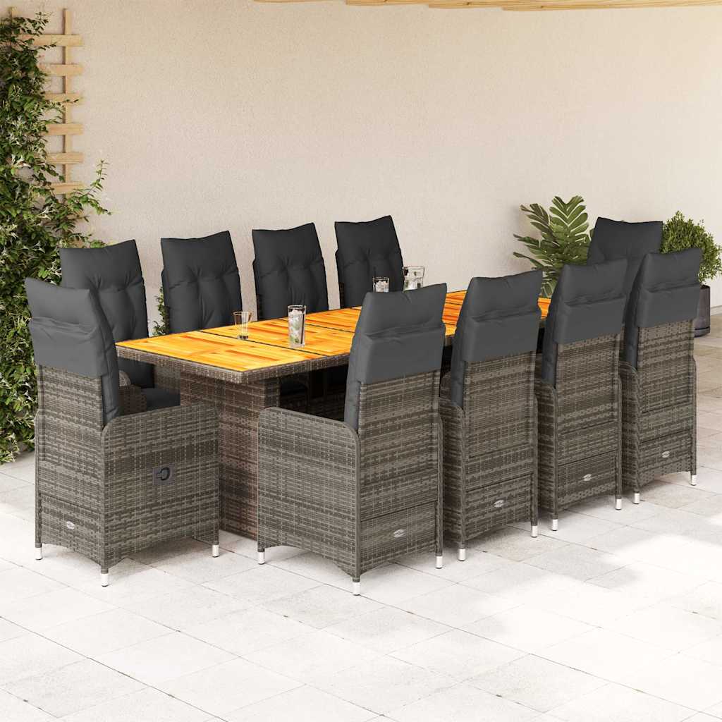 9-tlg. Garten-Bistro-Set mit Kissen Grau Poly Rattan