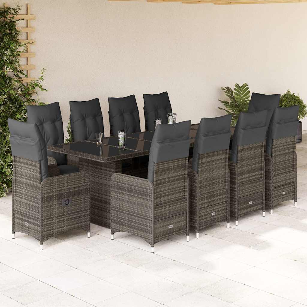 9-tlg. Garten-Bistro-Set mit Kissen Grau Poly Rattan