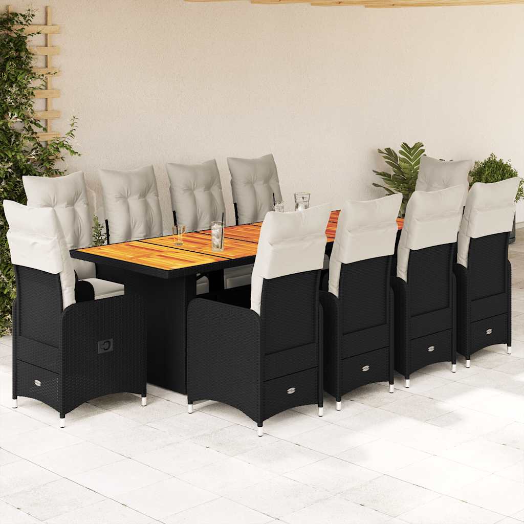 9-tlg. Garten-Bistro-Set mit Kissen Schwarz Poly Rattan