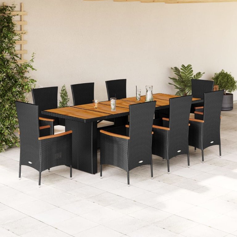 9-tlg. Garten-Essgruppe mit Kissen Schwarz Poly Rattan