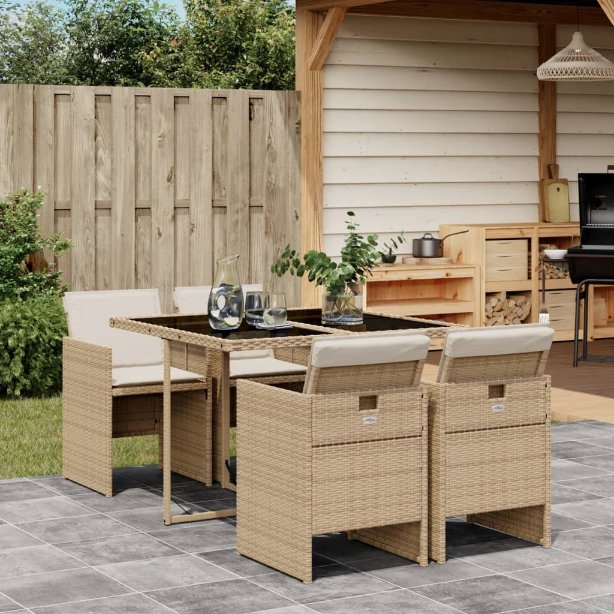 5-tlg. Garten-Essgruppe mit Kissen Schwarz Poly Rattan
