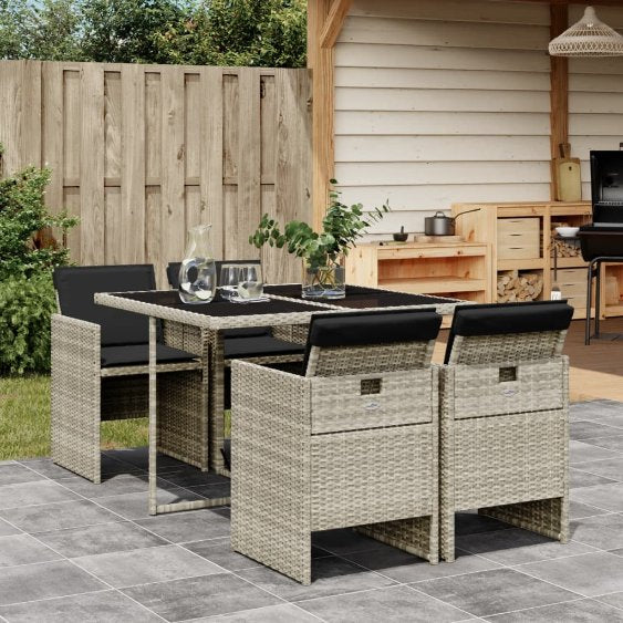 5-tlg. Garten-Essgruppe mit Kissen Schwarz Poly Rattan