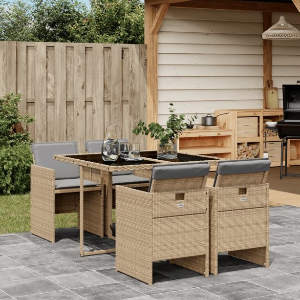 5-tlg. Garten-Essgruppe mit Kissen Schwarz Poly Rattan