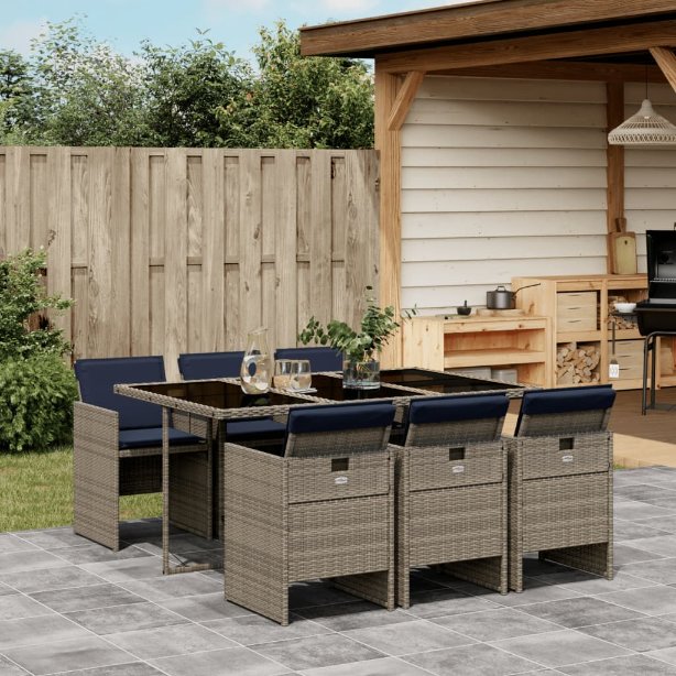 5-teiliges Garten-Ess-Set mit Kissen, grau, Polyrattan
