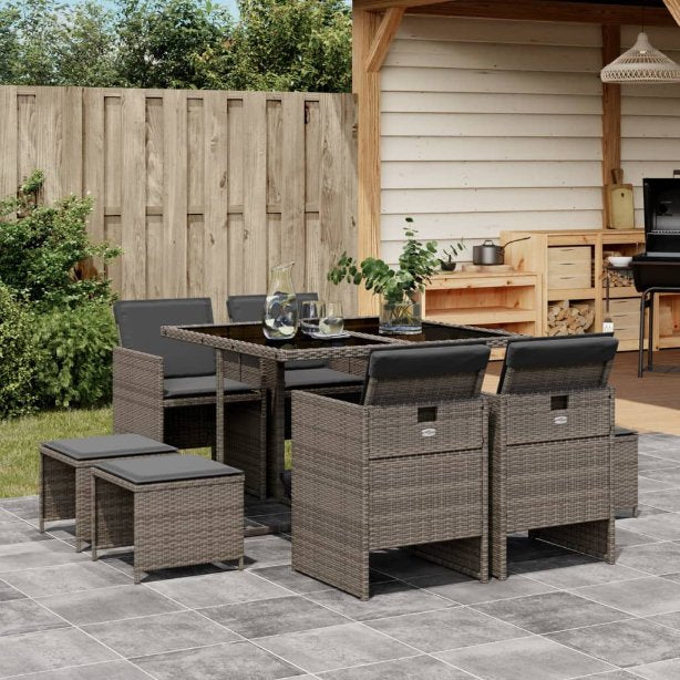 9-tlg. Garten-Essgruppe mit Kissen Schwarz Poly Rattan