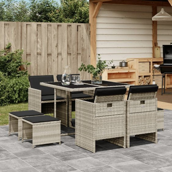 9-tlg. Garten-Essgruppe mit Kissen Schwarz Poly Rattan