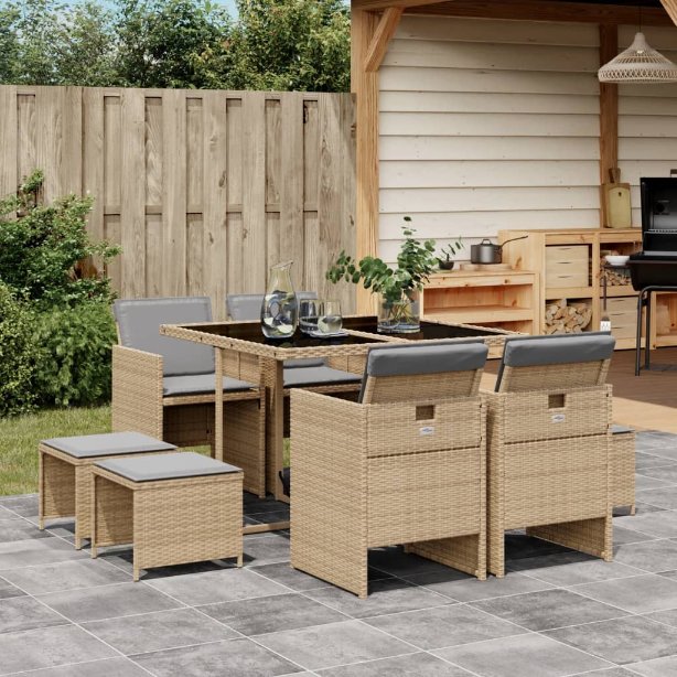 9-tlg. Garten-Essgruppe mit Kissen Schwarz Poly Rattan