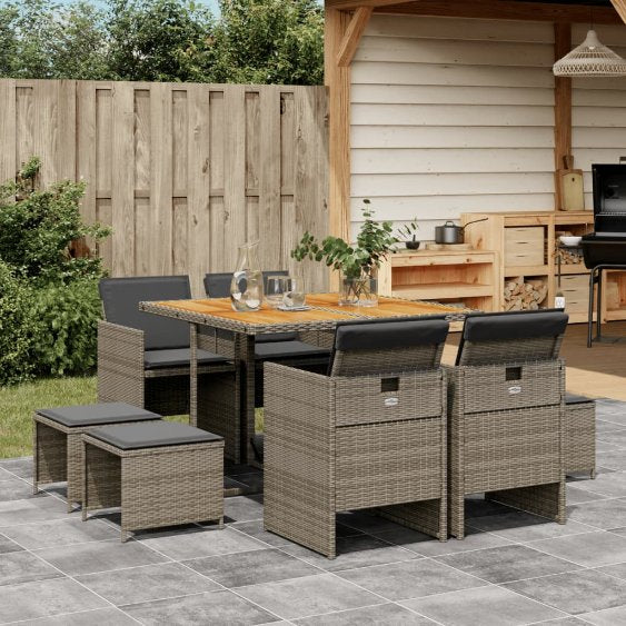 9-tlg. Garten-Essgruppe mit Kissen Schwarz Poly Rattan