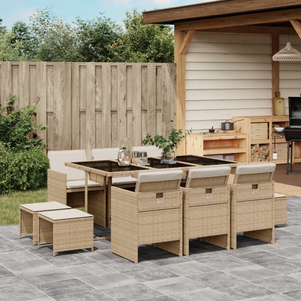 9-tlg. Garten-Essgruppe mit Kissen Schwarz Poly Rattan