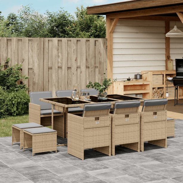 9-tlg. Garten-Essgruppe mit Kissen Schwarz Poly Rattan