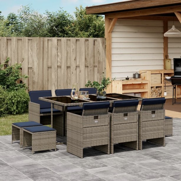 9-teiliges Garten-Ess-Set mit Kissen, grau, Polyrattan