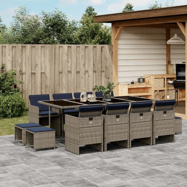 9-teiliges Garten-Ess-Set mit Kissen, grau, Polyrattan